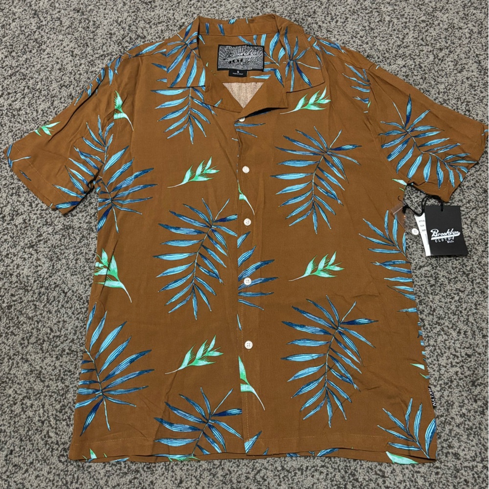 Brooklyn Cloth Brown and Blue Leaf Print Casual Button Down Shirt